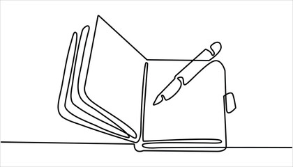 Continuous One line book with pen drawing outline vector illustration and world book day concept design. book with pen icon continuous one line drawing, Lessons Learned Continuous Line Editable Icon.