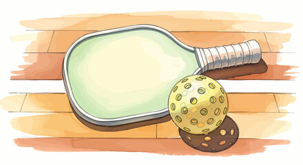 Hand drawn pickleball paddle and ball on wooden background with warm tones, cozy still life sports illustration for branding, packaging, and editorial use                                              