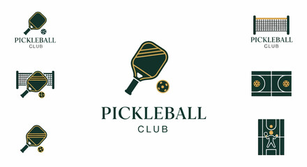 Hand drawn pickleball paddle club branding set with logos, court graphics, and paddle icons, versatile pack for events, merchandise, and social media                                                   