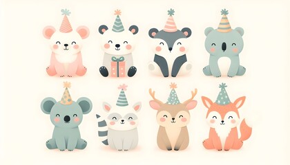 Obraz premium Charming six animal set with festive hats in bright pastel tones and minimal flat design