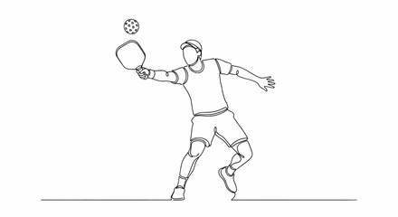 Hand drawn pickleball paddle male player in minimal line art style, action pose vector illustration for sports branding, instructional materials, and posters                                           