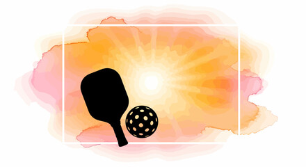 Hand drawn pickleball paddle with sunburst background and court net, bright sport vector for event promotions, posters, and summer-themed merchandise                                                   