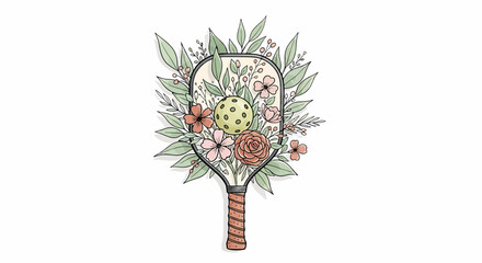 Hand drawn pickleball paddle floral bouquet with ball, rustic decorative sports illustration for gifts, events, and merchandise                                                                         