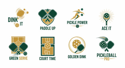 Hand drawn pickleball paddle sport icon set with gold highlights, modern flat design for branding, events, and promotional materials                                                                    