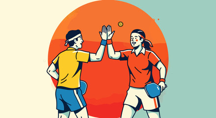 Hand drawn pickleball paddle players high-fiving, colorful vector illustration for team spirit, club events, and sports branding                                                                        
