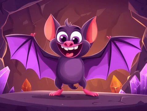 Cheerful Cartoon Bat Smiling with Open Wings in a Cave Setting