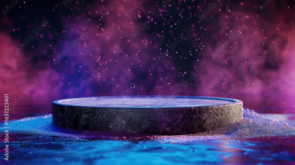 Poster circular podium made of stone is surrounded by colorful mist and floating particles, creating mystic