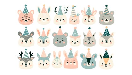 Charming animal head set in grid arrangement with colorful birthday hats on white background