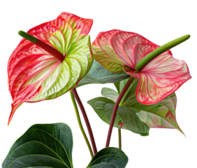 Close-up of three vibrant Anthurium flowers.  Two are predominantly red-pink with a lime green pattern; the third is a similar color scheme.  Dark green foliage surrounds the blossoms