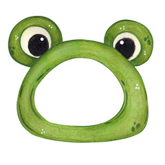 Green frog mask. Watercolor illustration hand drawn, children, cartoon. Drawing for stickers, posters, postcards. Mask, hat, green, frog, masquerade, costume
