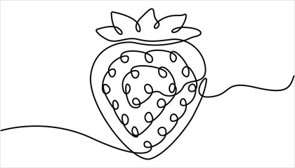 Vector illustration with continuous line drawing Strawberries, Single continuous line drawing of organic strawberry for fruit icon fresh berries fruitage concept, One continuous line drawing.