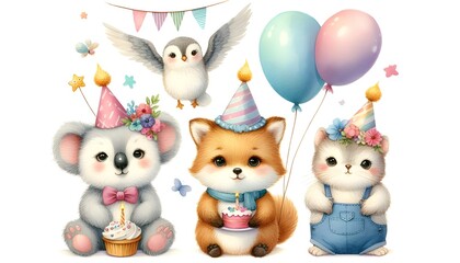 Fototapeta premium Light and airy watercolor animal illustrations with pastel party hats on clean white backdrop