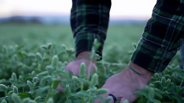 Hands Gently Exploring Lush Green Blue Grama Grass Field in Green Flannel Shirt With Serene Sky in Soft Daylight