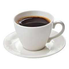 Obraz premium White coffee cup on saucer with dark liquid isolated on black background