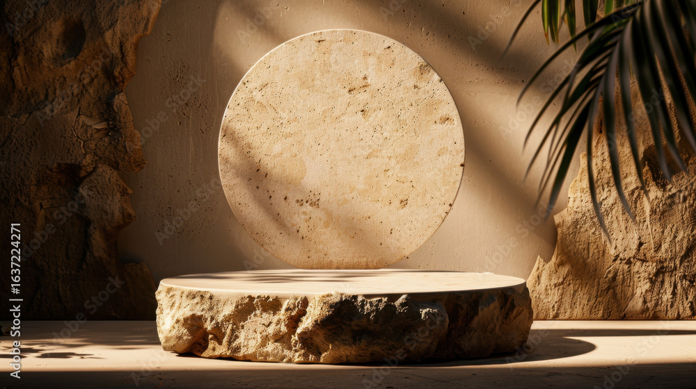 Poster circular granite display podium rests on textured surface, illuminated by soft shadows. neutral tone