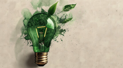 Green lightbulb with leaves symbolizes eco friendliness and sustainability, blending nature with technology in creative design. This evokes sense of innovation and environmental awareness
