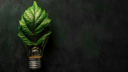Green lightbulb with large leaf symbolizes eco friendliness and sustainability, representing fusion of nature and technology. This evokes sense of innovation and environmental consciousness