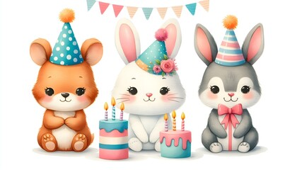 Fototapeta premium Charming watercolor animal characters with colorful party hats in soft and gentle painting style