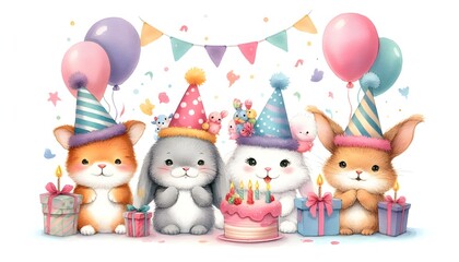Fototapeta premium Adorable watercolor animals in festive hats with cheerful and gentle pastel design isolated on white