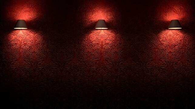 Three wall sconces illuminate a dark red room.
