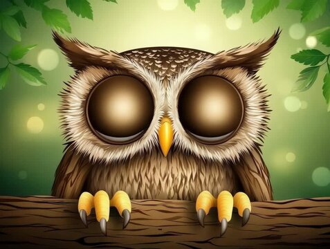 Cute cartoon owl with big eyes perched on a branch in a forest.