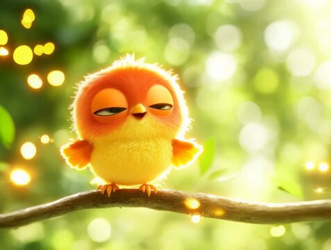 Adorable Cartoon Bird Perched on a Branch with a Soft, Natural Background