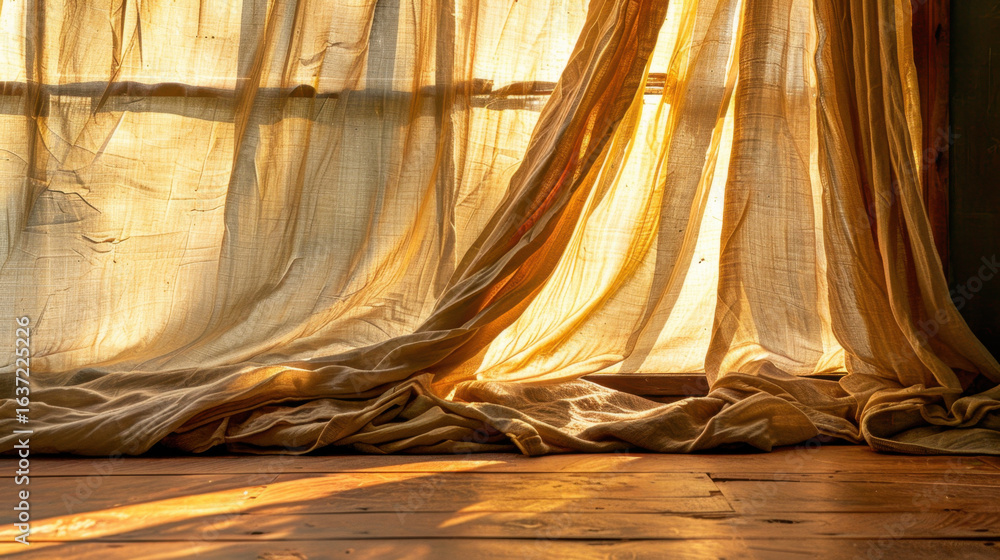 Poster soft light passing through sheer curtains creates warm and inviting atmosphere, highlighting texture