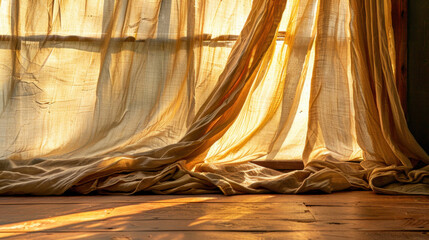 Soft light passing through sheer curtains creates warm and inviting atmosphere, highlighting texture of fabric and wooden floor beneath. gentle draping of curtains adds touch of elegance to scene