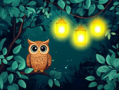 Adorable Owl Perched on Branch with Glowing Lanterns in the Forest