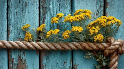 Pastel Blue Wooden Fence with Yellow Flowers and Rope. Charming and Rustic Garden Scene.
