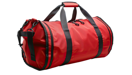 Red duffel bag with black accents.  Durable, cylindrical shape.  Two top handles and additional straps.  Zipper closure