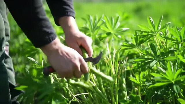 Hands Harvesting Green Lupin Crop with Pruning Shears in a Sunny Field Emphasizing Sustainable Agriculture