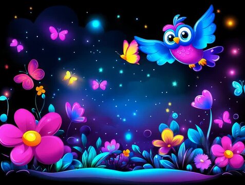Whimsical Illustration of a Colorful Bird, Flowers, and Butterflies at Night