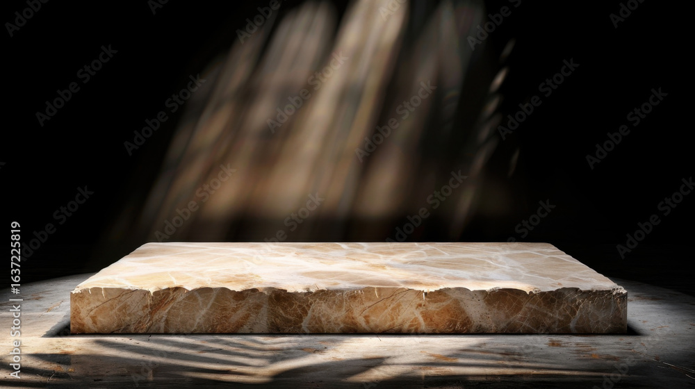 Poster luxurious marble podium with soft shadows and light rays creating elegant atmosphere, perfect for sh
