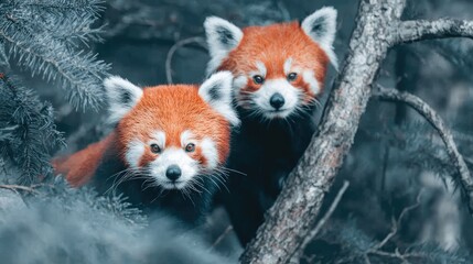 A pair of red pandas playing on tree branches, dense foliage, adorable moment, wildlife photography vibe 