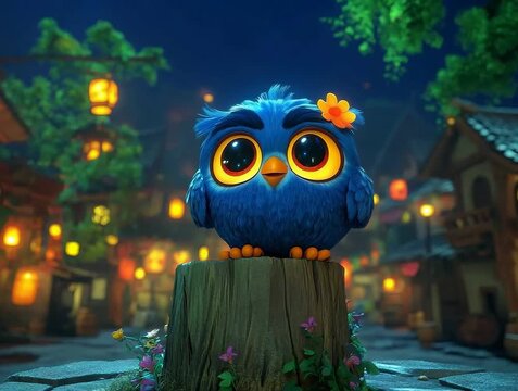 Adorable Animated Owl Perched on a Stump with Glowing Lights