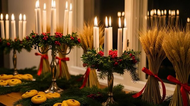Traditional Swedish St. Lucia Day celebration with lit candles, saffron buns, and wheat sheaves. Cozy Christmas holiday table setting with festive decorations.
