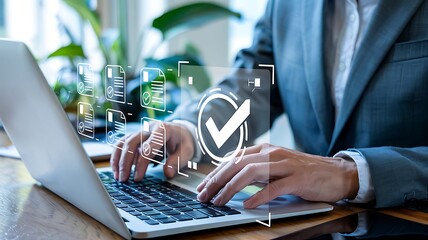 Business professional working on a laptop with digital interface overlay showing success and verification icons