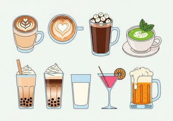 Various beverages in trendy cartoon style offering a variety of options and choices