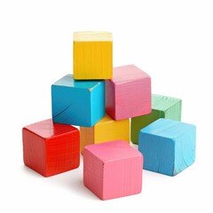 Colorful wooden building blocks arranged in a pyramid shape on white background