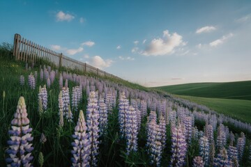 Fototapeta premium Lupine flowers bloom along a wooden fence under a cloudy sky