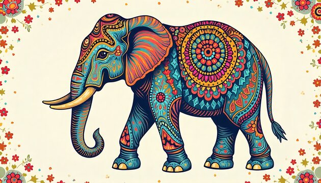 A vibrant, intricately patterned elephant illustration with colorful mandala designs, surrounded by floral decorations on a light background. - Powered by Adobe