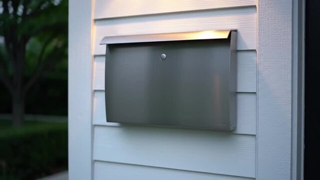 A modern stainless steel mailbox mounted on white siding with a light above it at daytime