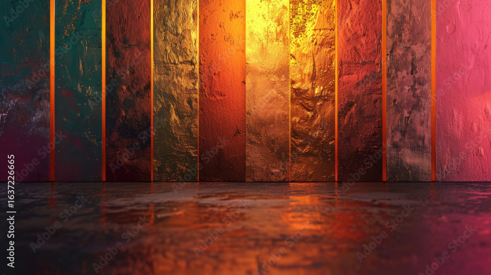 Poster vibrant colors and textures create stunning backdrop with shimmering reflections on glossy surface, 