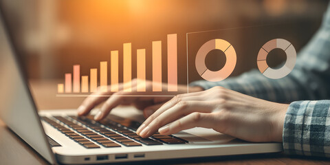 Close-up of hands typing on a laptop with holographic bar charts and pie charts floating above, warm lighting