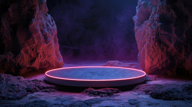 Neon lit podium surrounded by rocky formations creates captivating atmosphere, enhanced by floating particles and mystical glow. This scene evokes sense of wonder and intrigue - Powered by Adobe
