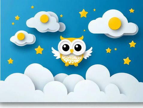 Whimsical Owl and Clouds Against a Blue Sky with Yellow Stars