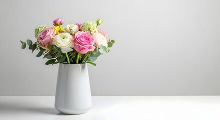 Fototapeta premium Bouquet of pink and white roses in a white vase on a white table against a gray background space for text