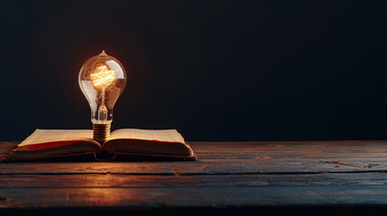 Open book rests on wooden table, illuminated by glowing light bulb that symbolizes creativity and inspiration. warm light contrasts with dark background, creating captivating atmosphere