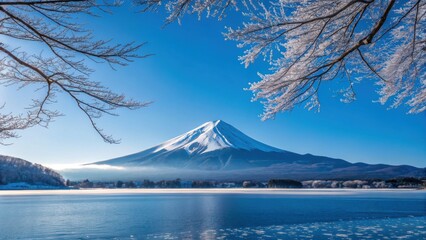 Majestic mount fuji in japan, covered in snow, with a frozen lake and frosty branches in the foreground under a clear blue sky